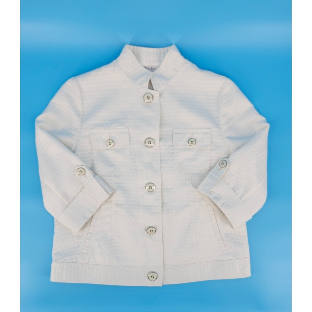 Tanjay Petites White Woven Check Mock Neck Button Front Jacket Size 8P